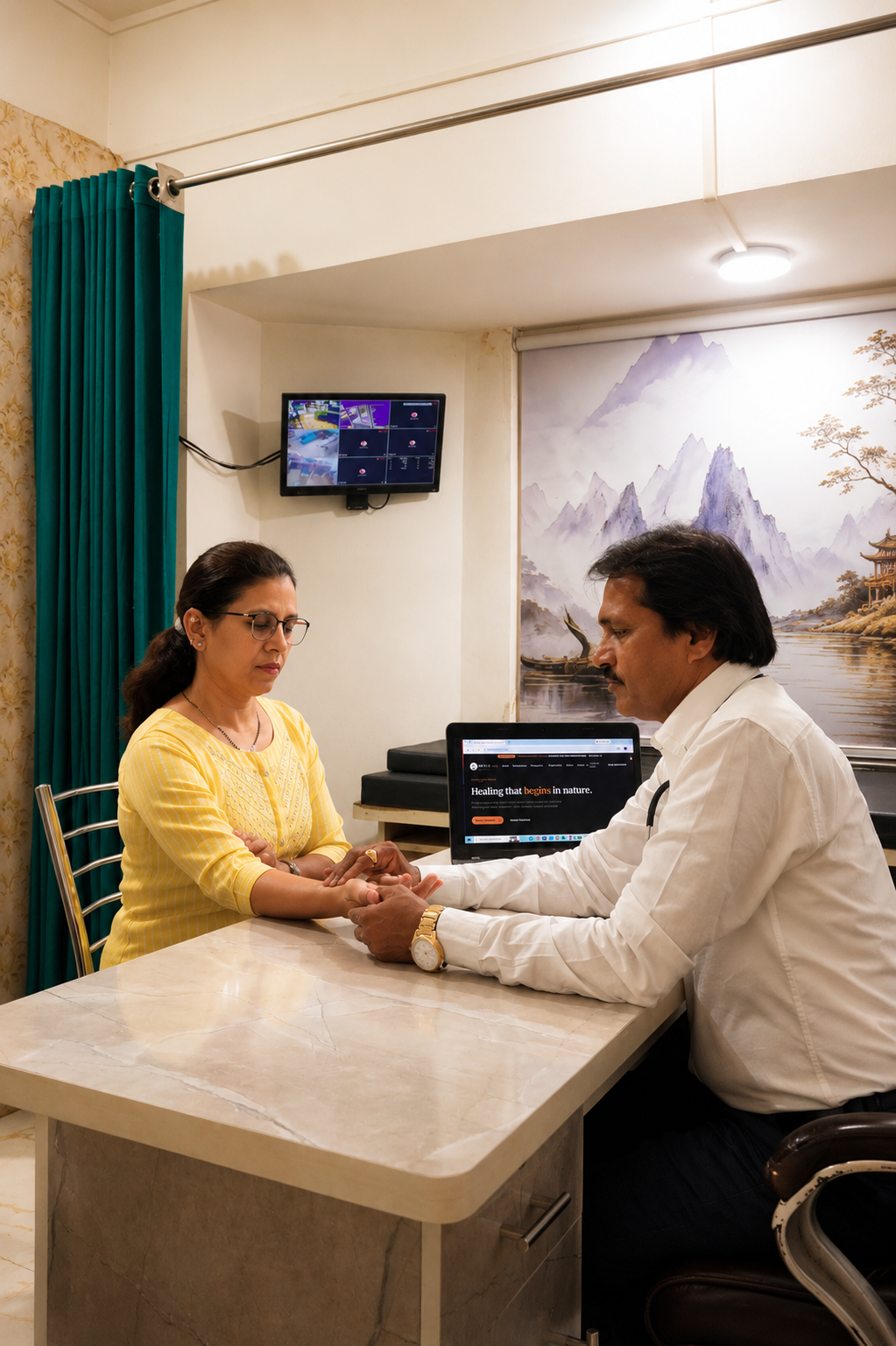 Ayurvedic doctor conducting consultation and pulse diagnosis